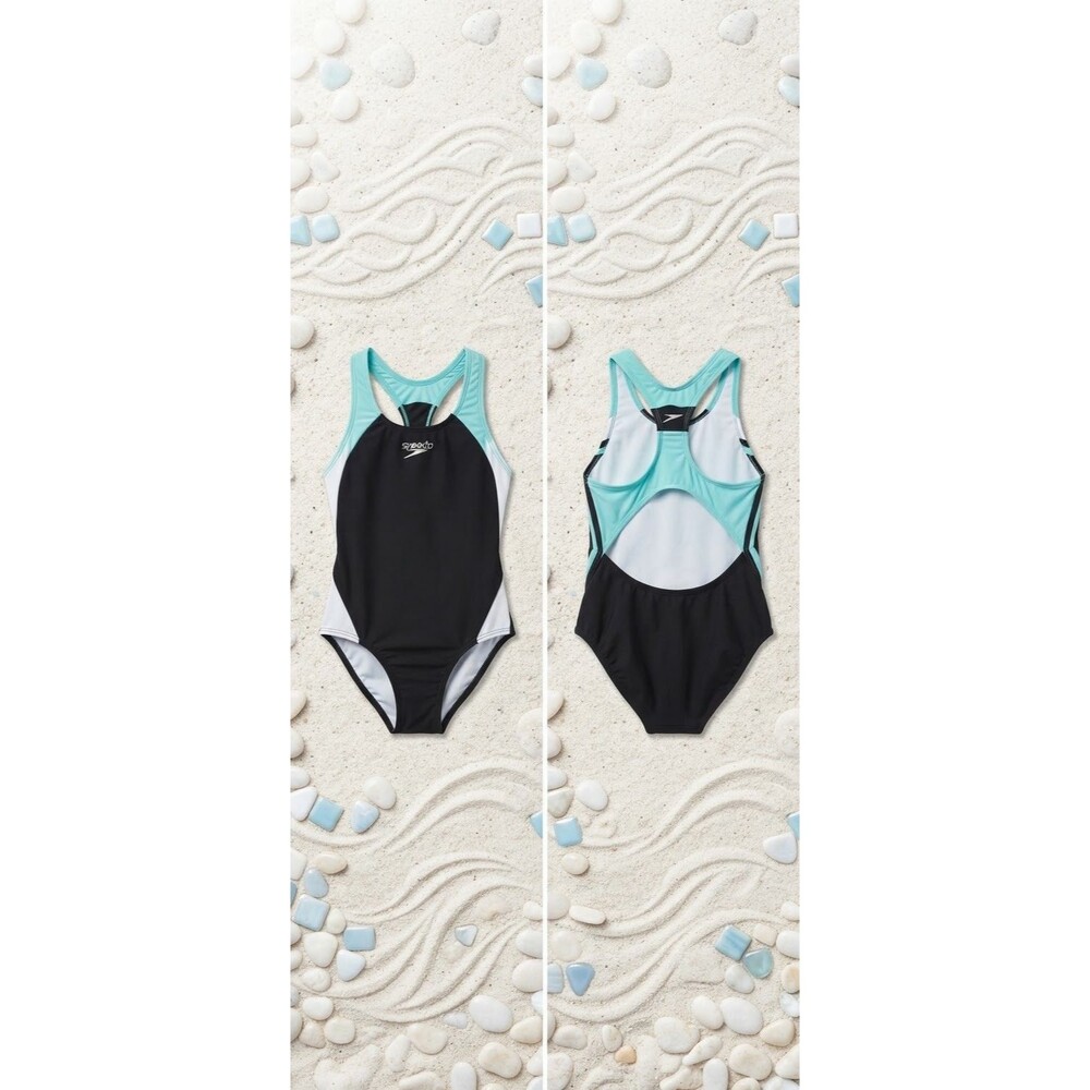 Speedo Girls Infinity Splice One Piece Swimsuit Black Mint White Size 12